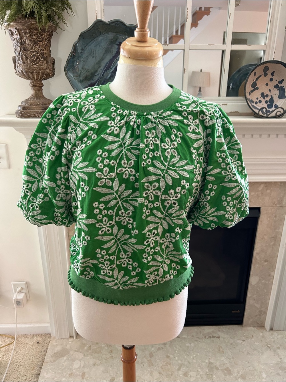 Green Floral Puff-Sleeve Eyelet Top